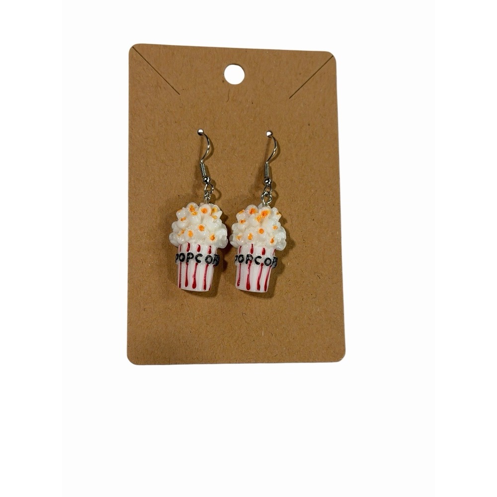 Handmade Popcorn Bucket Dangle Earrings Novelty Food Movie Theater Jewelry White